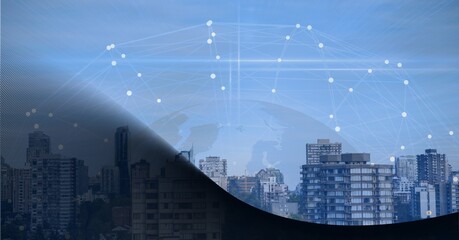 Composition of network of connections over cityscape and grey background