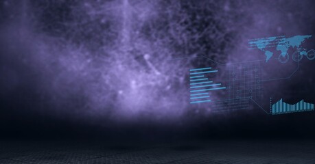 Composition of interactive screen with data processing over purple background