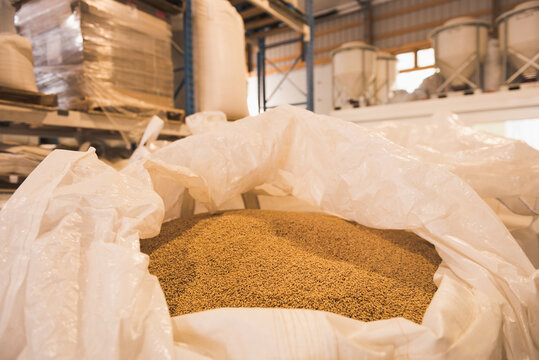 Open bag of grain produce in an agricultural storage warehouse