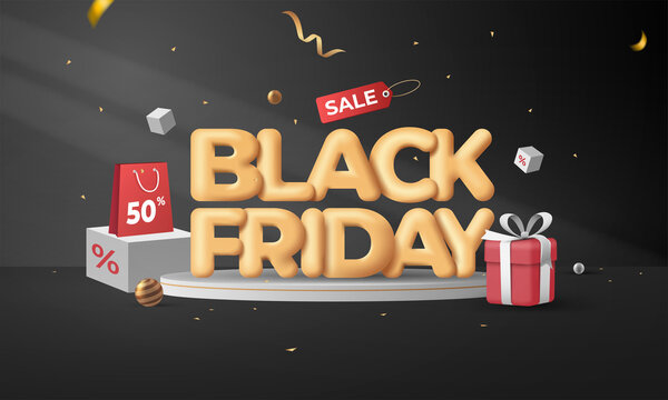 Black Friday Super Sale Banner 3d concept. Realistic Shopping bag and Red gifts boxes on black background . Golden text lettering vector illustration
