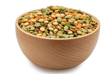wooden dish with legume isolated on white background.