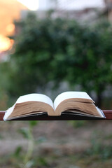 Open book in a garden. Selective focus.