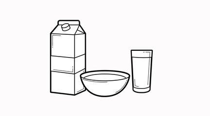 Breakfast Illustration. Vector black and white linear illustration fo a milk box, a bowl and a glass