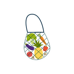 Grocery shopping turtle bag with various healthy products on white isolated background Natural food, organic fruits and vegetables. Vector illustration cartoon flat style 