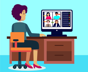 Back view of female employee speak on video call with diverse multiracial colleagues on online briefing, woman worker have Webcam group conference with coworkers at home
