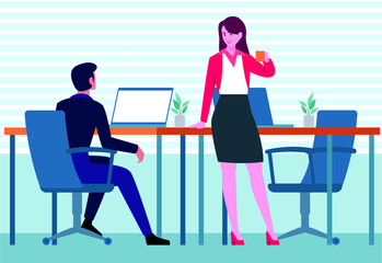 Businessman and businesswoman discussing with computer at desk, pointing at monitor screen, working together at workplace office.