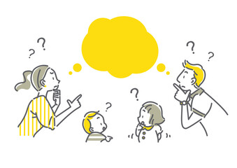 4人家族の指差しフレーム　吹き出し付き　シンプルでお洒落な線画イラスト