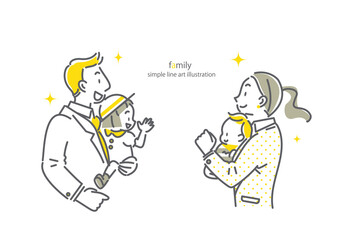 子育て中の共働きの家族のシンプルでお洒落な線画イラスト　ポジティブイメージ　四人家族