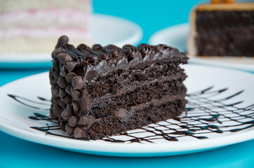 Plate with slice of tasty homemade chocolate cake on table
