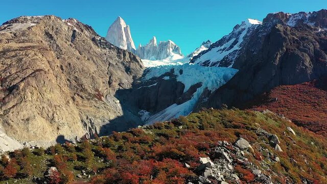 Famous Fitz Roy with the glacier Piedras Blancas in the foreground. El Chalten, Argentina, Patagonia