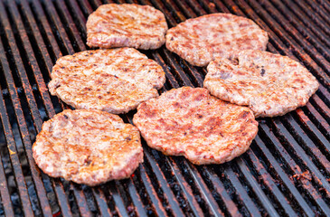 Pieces of grilled meat cooked on the grill