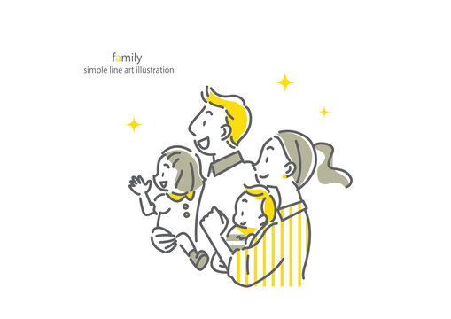ポジティブな四人家族のシンプルでお洒落な線画イラスト　明るい未来イメージ　コンセプト