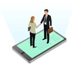 Online communication, business networking communication and Analysis. online business deals. businessman and businesswoman business deal on smartphone. editable vector.