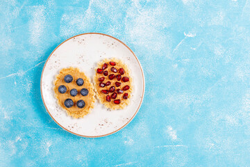Homemade desserts with blueberries,kiwi slices and pomegranate seeds.