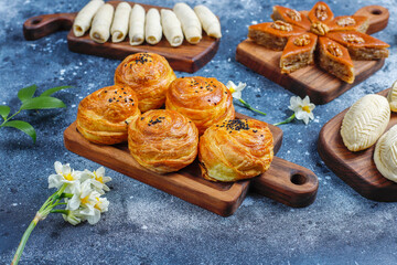Traditional Azerbaijan holiday Novruz sweets,shekerbura,qogal,paxlava,mutaki.