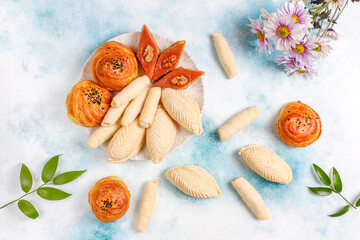 Traditional Azerbaijan holiday Novruz sweets,shekerbura,qogal,paxlava,mutaki.