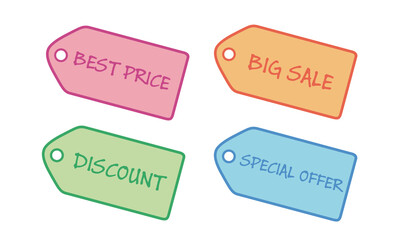 Set of colorful hand drawn discount label tags