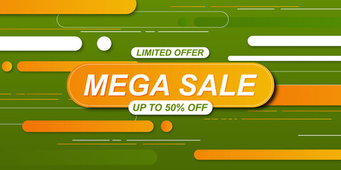 Fototapeta premium Sale banner background with orange rounded stripes and lines on green. Abstract background.