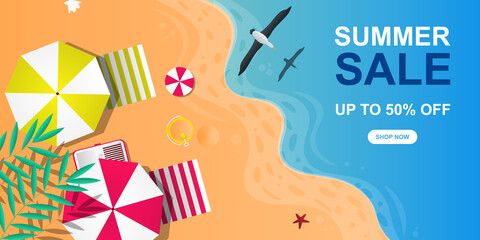 Summer sale banner background with beach. Fresh background.