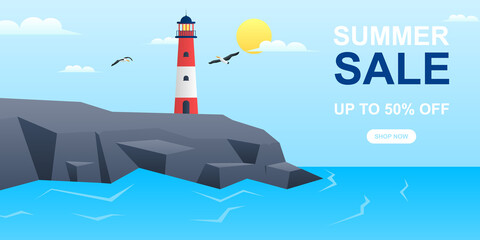 Summer sale banner background with lighthouse. Fresh background.