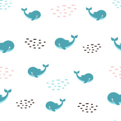 seamless pattern with cartoon whales, vector illustration