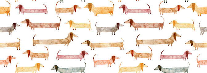 Watercolor hand drawn seamless pattern with dogs isolated on white background. Long stylized creative cute dachshunds. Artistic creative background.