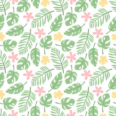 vector seamless pattern with tropical leaves and flowers on white background