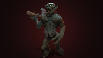 Fantasy character Troll Berserker in epic pose - 3D render on dark background