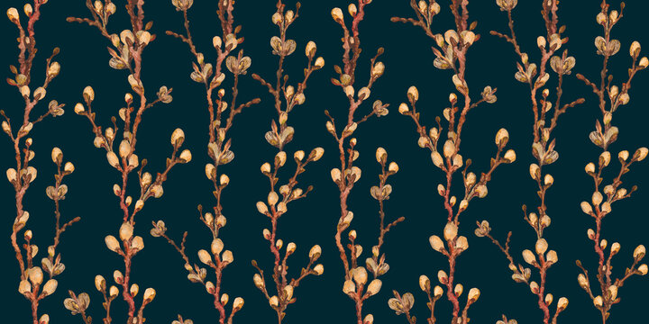 Watercolor seamless pattern with willow branches. Hand drawn willow wood isolated on dark blue background. Spring illustration for design, print, fabric or background. Template for holiday.
