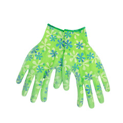 Green gardening work gloves isolated on white background. Gardening tool isolated.
