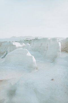 Spacious white stony rough formations located in Sarakiniko Greece on sunny clear weather