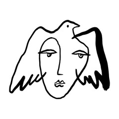 Modern abstract line art face woman portrait silhouette, pigeon freedom symbol. - obrazy, fototapety, plakaty
