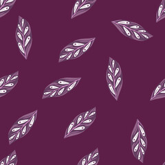 Purple and violet colors seamless pattern with doodle geometric leaves random shapes. Floral artwork.