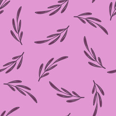 Minimalistic style seamless pattern with purple contoured doodle branches print. Lilac background. Floral print.