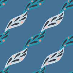 Nature seamless foliage pattern in minimalistic style with geometric leaf ornament. Blue palette artwork.
