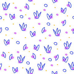 Abstract flowers, hand drawn. Seamless pattern in vector. Blue, pink and yellow. Floral, botanical for spring and summer. Super cute print for fabric or wrapping paper. Tiled graphic.