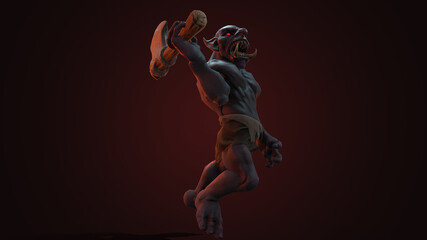 Fototapeta na wymiar Fantasy character Troll Berserker in epic pose - 3D render on dark background 