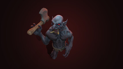 Fantasy character Troll Berserker in epic pose - 3D render on dark background
