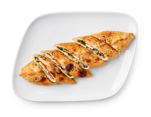 Turkish boat-shaped flatbread pide isolated on white