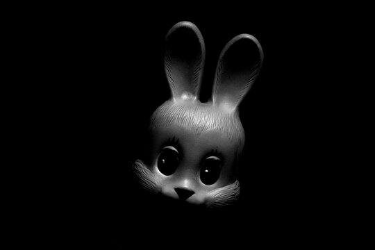 The face of a rubber rabbit in the dark
