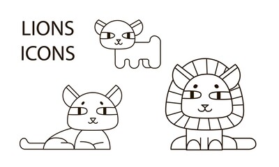 Animals of Africa icon. Lion, lioness and lion cub in lines. Cute animals for kids
