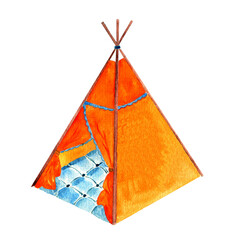 Watercolor orange wigwam or hut isolated on white