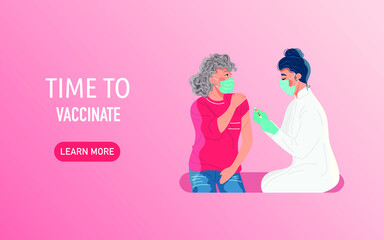 Time to vaccinate. Creative design for Coronavirus vaccine vector background. Landing page template. Modern flat concept for web design. Vector illustration with doctor giving vaccine to elder woman