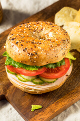 Homemade Bagel Turkey Sandwich with Lettuce