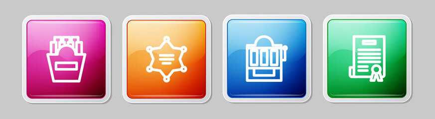 Set line Potatoes french fries in box, Hexagram sheriff, Slot machine and Declaration of independence. Colorful square button. Vector