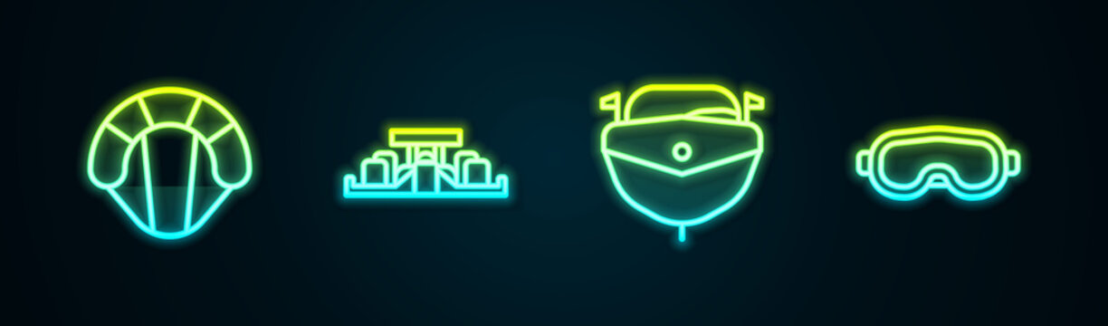 Set line Parachute, Formula 1 racing car, Speedboat and Ski goggles. Glowing neon icon. Vector