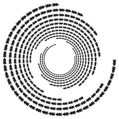 Arrow, spruce tree, speckles abstract concentric circle. Spiral, swirl, twirl element. Circular and radial lines volute, helix. Segmented arrow with rotation. Radiating arc lines. Cochlear, vortex