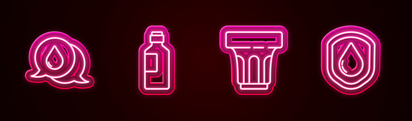 Set line Water drop with speech bubbles, Bottle of water, Glass and Waterproof. Glowing neon icon. Vector