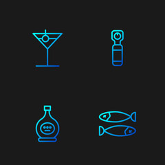 Set line Dried fish, Bottle of cognac or brandy, Martini glass and opener. Gradient color icons. Vector