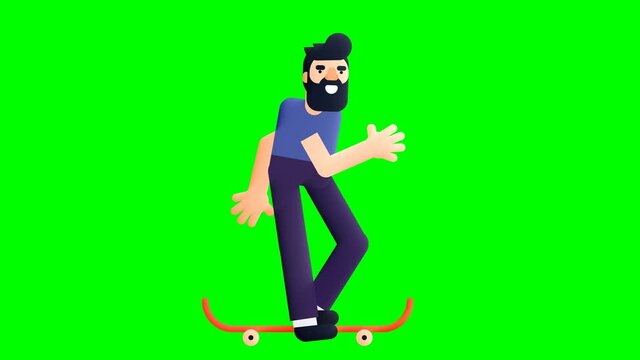 A man running skateboard. Animation video clip in High resolution with green screen background.